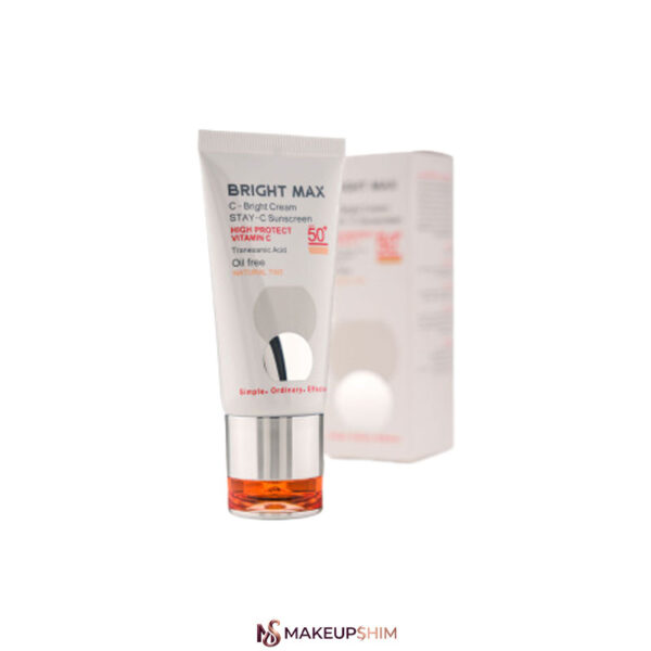 عکس جعبه و محصول عکس زاویه پشت عکس جعبه کرم ضد آفتاب رنگی برایت مکس دارای SPF50 حاوی ویتامین C
