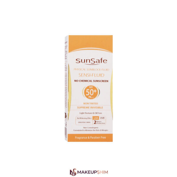 نمای بسته بندی از روبه رو محصول کرم ضدآفتاب SPF50 سنسی فلوئید سان‌سیف حجم 50 میلی‌لیتر