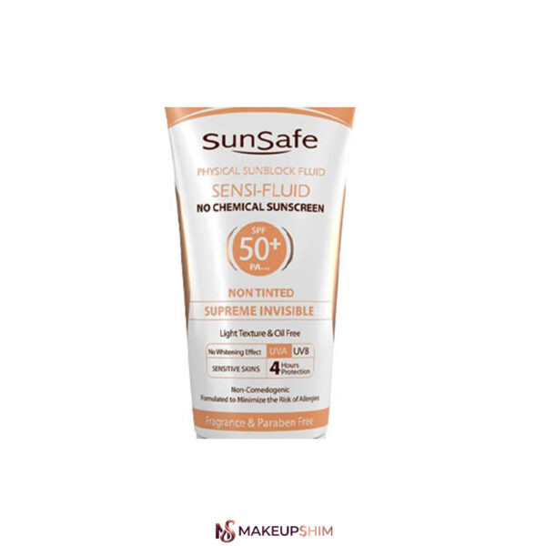 نمای زاویه جلوتر محصول کرم ضدآفتاب SPF50 سنسی فلوئید سان‌سیف حجم 50 میلی‌لیتر